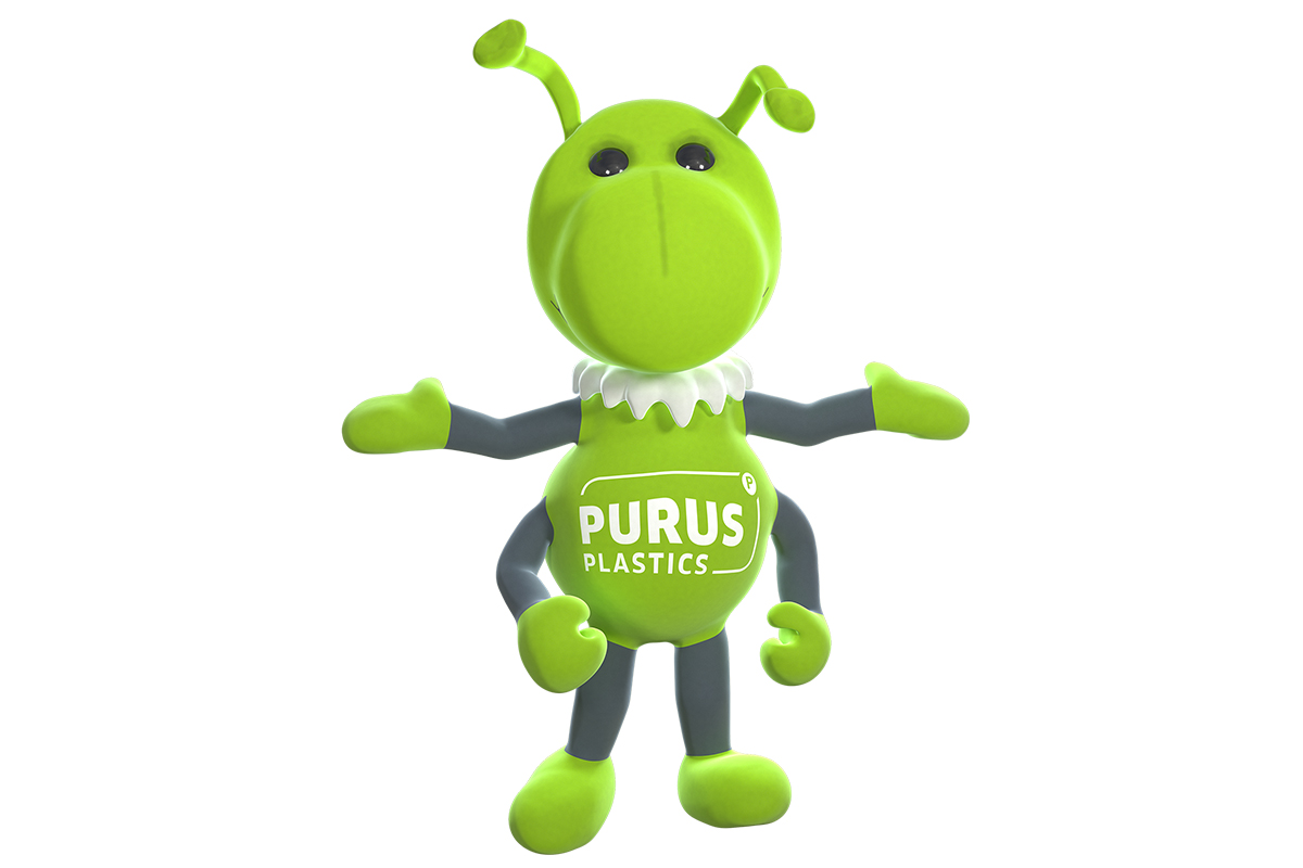FIDUS Maskottchen Das Maksottchen für die Paletten von PURUS PLASTICS ist eine grüne Ameise mit dem Firmenlogo auf dem Bauch und breitet seine oberen Arme zur Seite aus.