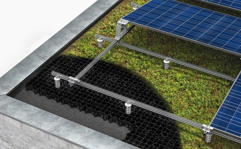 ECOgreen System Dach Modulaufbau Darstellung eines ECOgreen System Dachs zeigt den Aufbau mit Grundplatte, Begrünung und Solarelemente